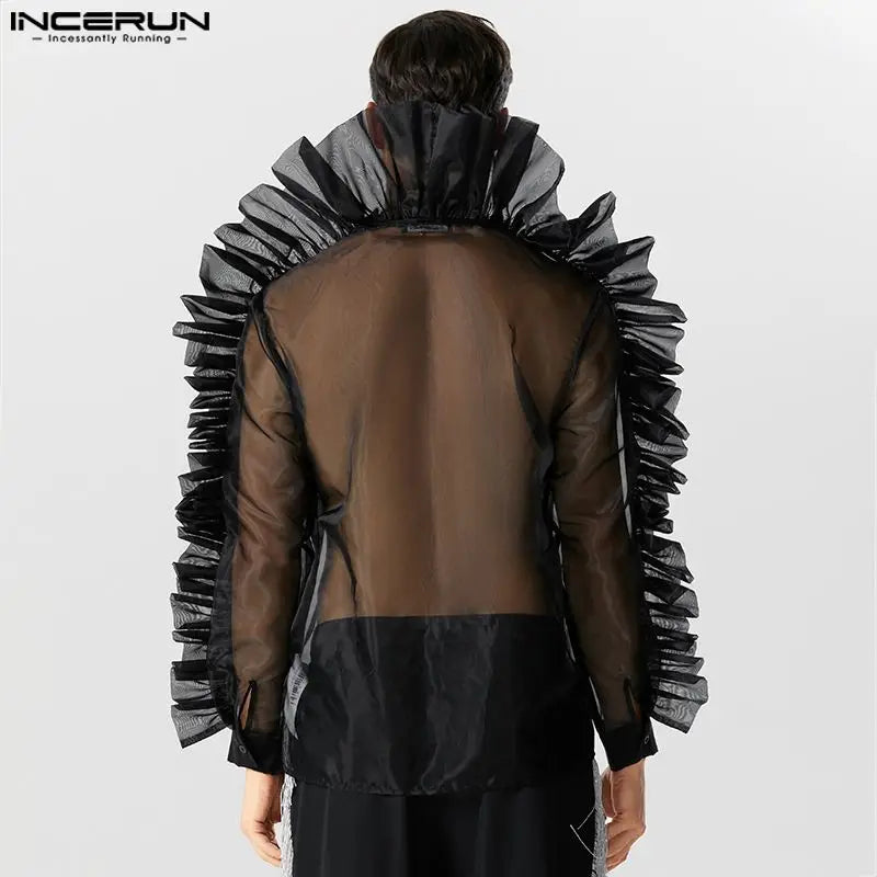 INCERUN – chemise en maille Patchwork plissée pour hommes, col montant, manches longues, Streetwear, Sexy, transparente, chemises de fête, à la mode, 2023