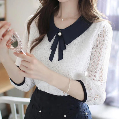 Women's Spring Autumn Style Lace Blouses Shirt Women Peter Pan Collar Solid Color Half Sleeve Elegant Lace Tops SP8676