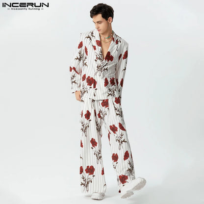 Conjuntos para hombre a la moda, ropa de calle, solapa con estampado de flores, chaqueta y pantalones de manga larga, 2 uds., trajes informales holgados, S-5XL INCERUN, 2023