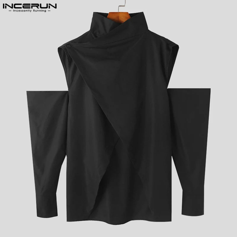 2023 camisa Irregular para hombre, cuello alto liso, manga larga, ropa de calle con hombros descubiertos, ropa informal de moda para hombre, Camisas INCERUN S-5XL