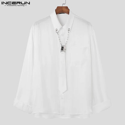 INCERUN-camisa de manga larga con solapa para hombre, ropa de calle informal con lazo de cadena, ropa holgada de moda de otoño, S-5XL, 2023