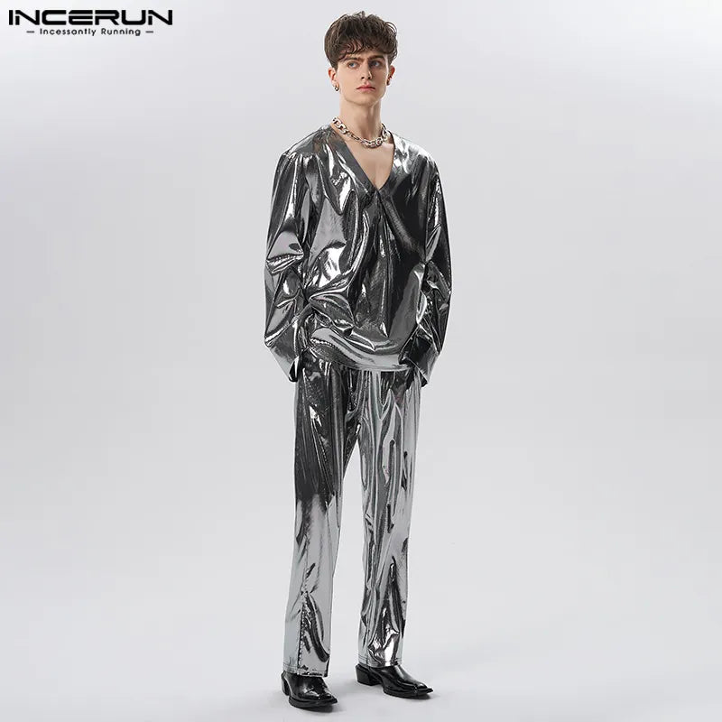 2023 Men Sets Shiny Streetwear V Neck Long Sleeve T Shirt & Pants Two Pieces Sets Loose Party Fashion Men's Suits S-5XL INCERUN