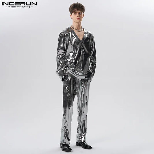 2023 Men Sets Shiny Streetwear V Neck Long Sleeve T Shirt & Pants Two Pieces Sets Loose Party Fashion Men's Suits S-5XL INCERUN