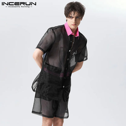 2023 Men Sets Mesh Patchwork Transparent Lapel Short Sleeve Shirt & Shorts 2PCS Streetwear Fashion Sexy Men Suits S-5XL INCERUN