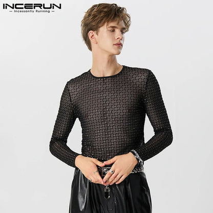 2023 camiseta para hombre de malla brillante transparente con cuello redondo, ropa de manga larga para hombre, ropa de calle Sexy ajustada para fiesta, Camisetas de moda INCERUN