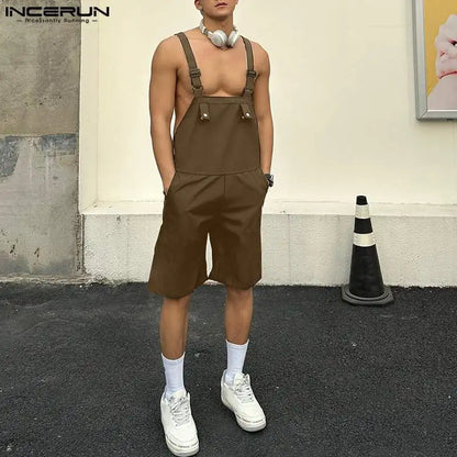 2023 Men Rompers Solid Color Sleeveless Summer Pockets Streetwear Suspender Jumpsuits Fashion Casual Men Overalls Shorts INCERUN