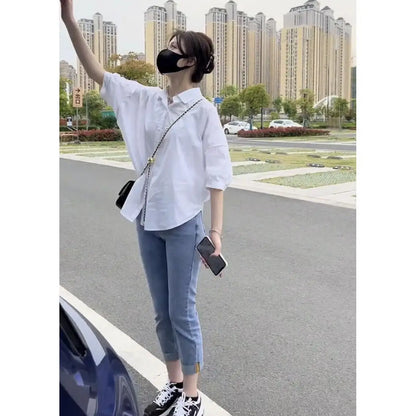 Cotton Mid-sleeve Thin Woman Blous Shir 2024 Summer New Loose Fashion Irregular Shirt Casual Vacation Top Korean Women's Clothes