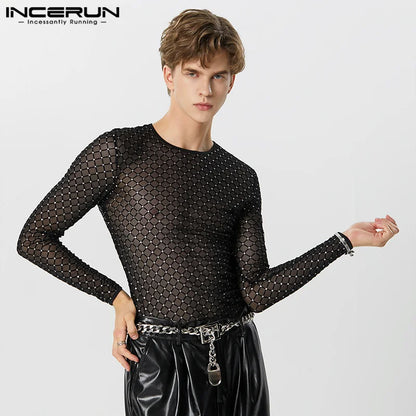 2023 camiseta para hombre de malla brillante transparente con cuello redondo, ropa de manga larga para hombre, ropa de calle Sexy ajustada para fiesta, Camisetas de moda INCERUN