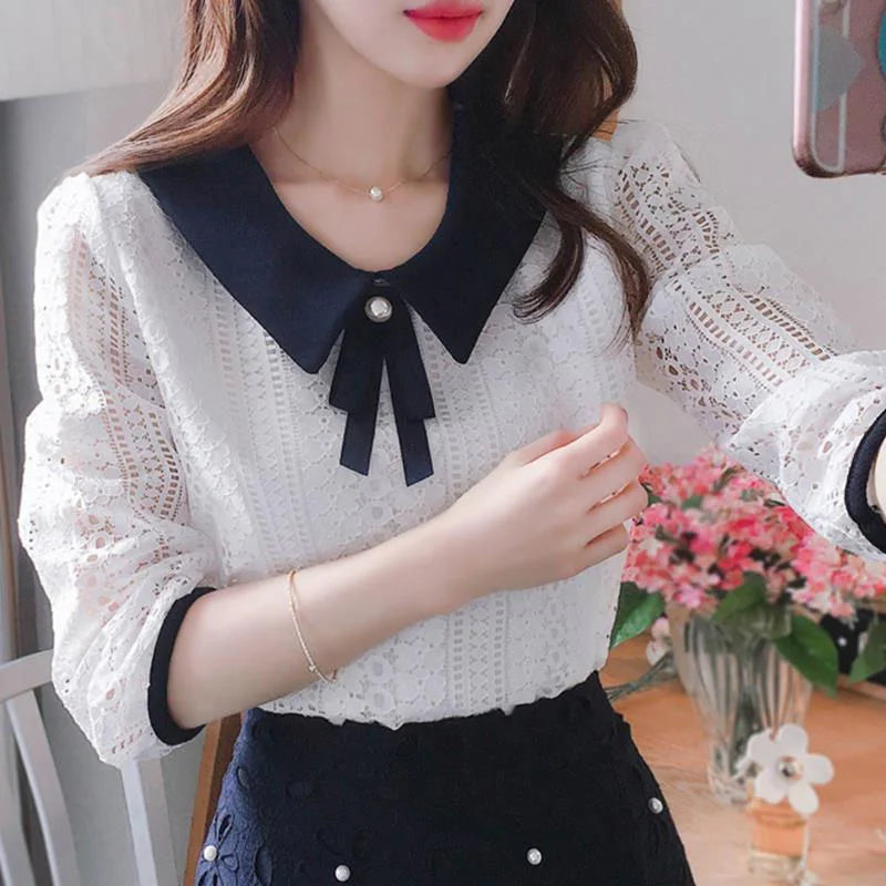 Women's Spring Autumn Style Lace Blouses Shirt Women Peter Pan Collar Solid Color Half Sleeve Elegant Lace Tops SP8676