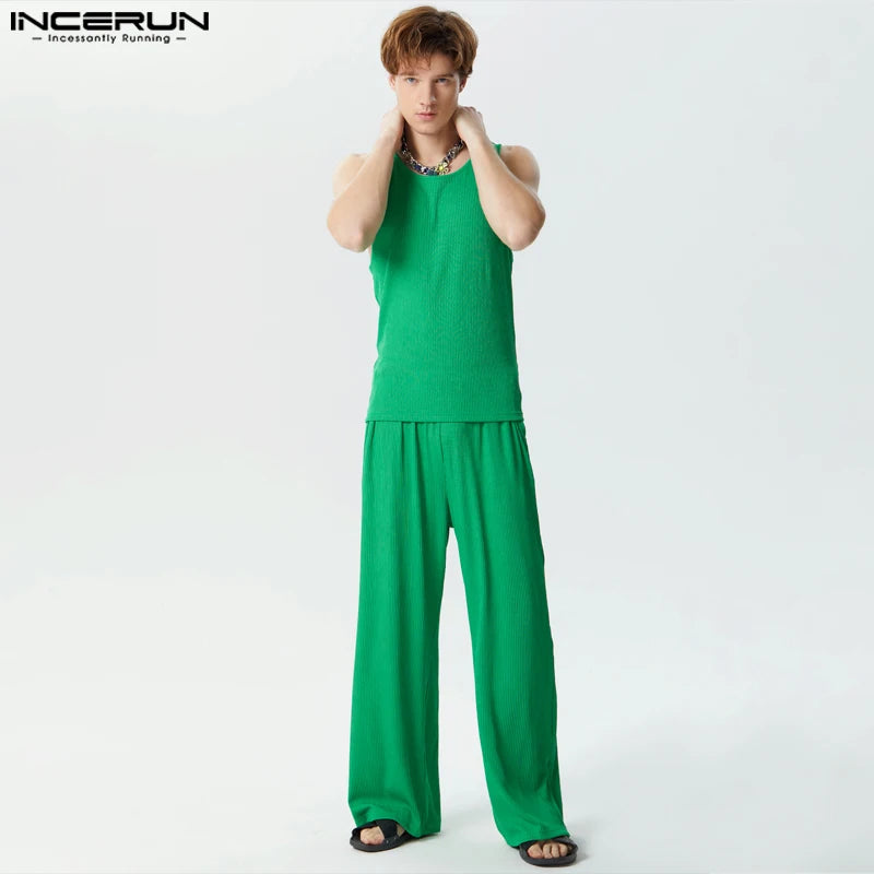 2024 Men Sets Solid Loose Streetwear O-neck Sleeveless Tank Tops & Pants Two Pieces Sets Fashion Men Casual Suits S-5XL INCERUN