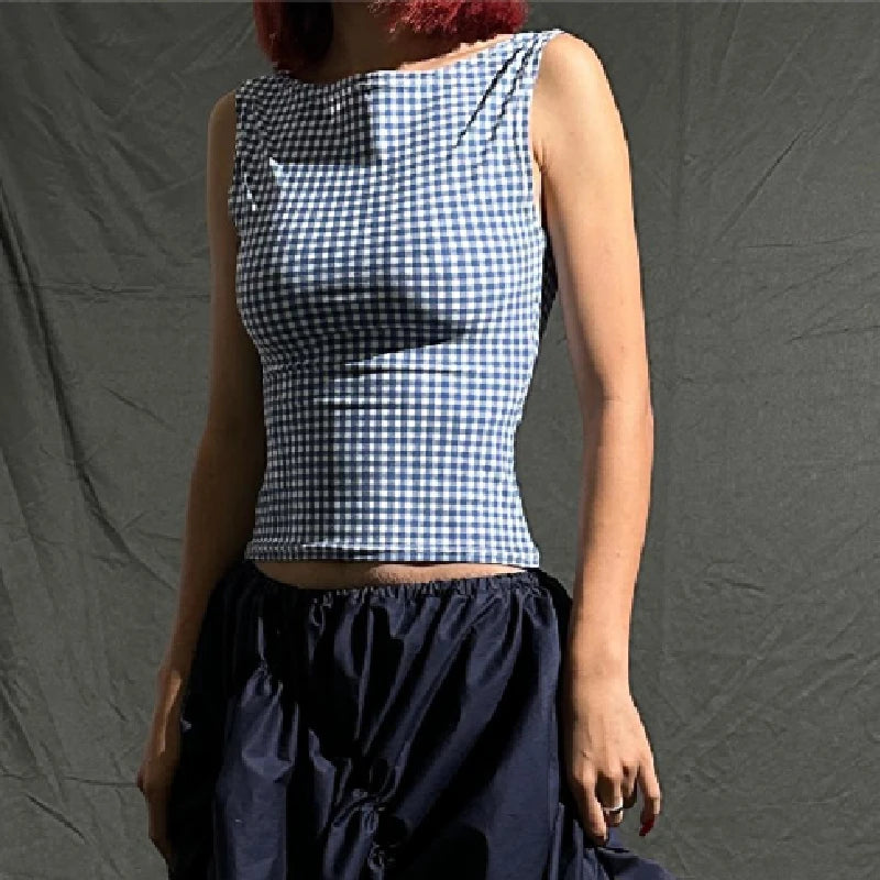 Xeemilo-Camiseta sin mangas con lazo y espalda descubierta para mujer, ropa de calle informal, Tops cortos con estampado a cuadros, Tops cortos sin mangas, corsés ajustados de moda de verano 2023