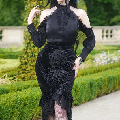 Goth Dark Vintage Mall Gothique Volants Sirène Jupes Grunge Punk Esthétique Dentelle Ourlet Midi Jupe Femmes Élégantes Soirée Alt Bas