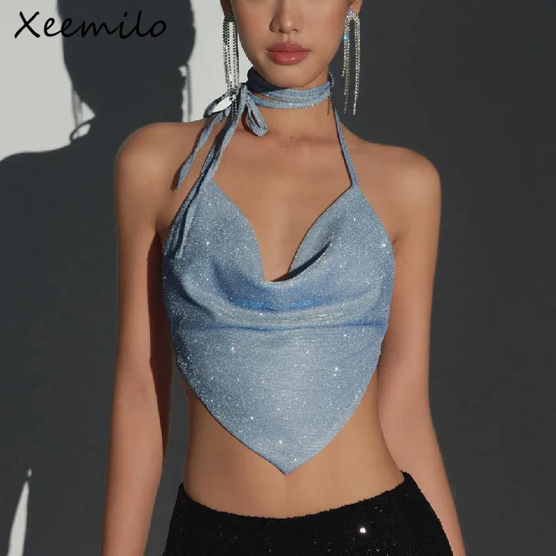 Xeemilo Y2K-Camiseta sin mangas brillante con espalda descubierta para mujer, Top Sexy con escote en V profundo, Tops cortos con cuello Halter, camiseta estética Irregular con forma Irregular