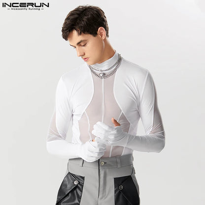 Monos con cuello de tortuga para hombre, guantes de manga larga, ropa de calle, peleles, camiseta de retales de malla, mono Sexy transparente, INCERUN 2023