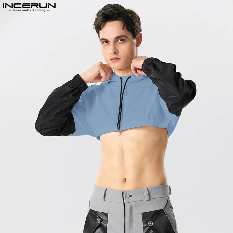 INCERUN-Camiseta de manga larga con capucha para hombre, ropa de calle informal, Camisetas con personalidad, Tops cortos a la moda para hombre, S-5XL 2023