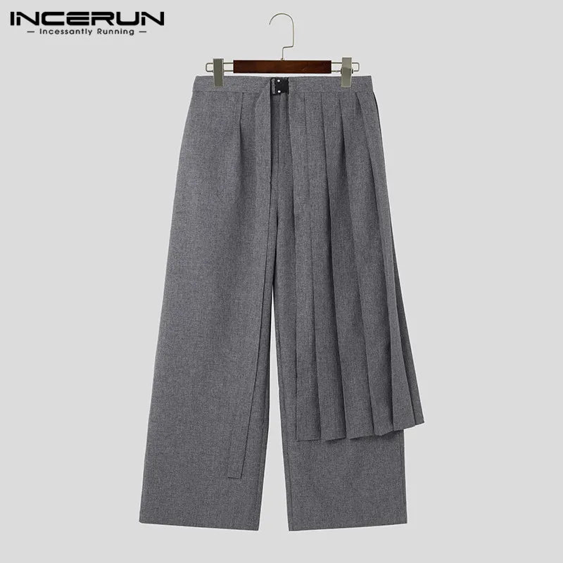 INCERUN-pantalones irregulares para hombre, ropa de calle de Color sólido, holgado y plisado, rectos, informales, largos, S-5XL, 2023