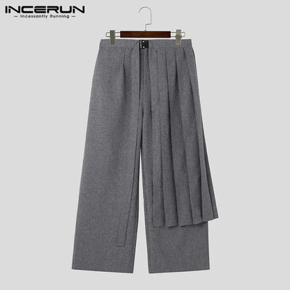 INCERUN-pantalones irregulares para hombre, ropa de calle de Color sólido, holgado y plisado, rectos, informales, largos, S-5XL, 2023