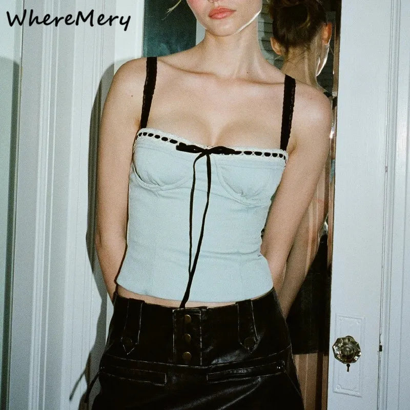 WhereMery Y2K-Camiseta sin mangas de encaje para mujer, Top Sexy con cuello cuadrado y hombros descubiertos, Tops cortos de retales, chaleco ajustado para vacaciones de verano 2023