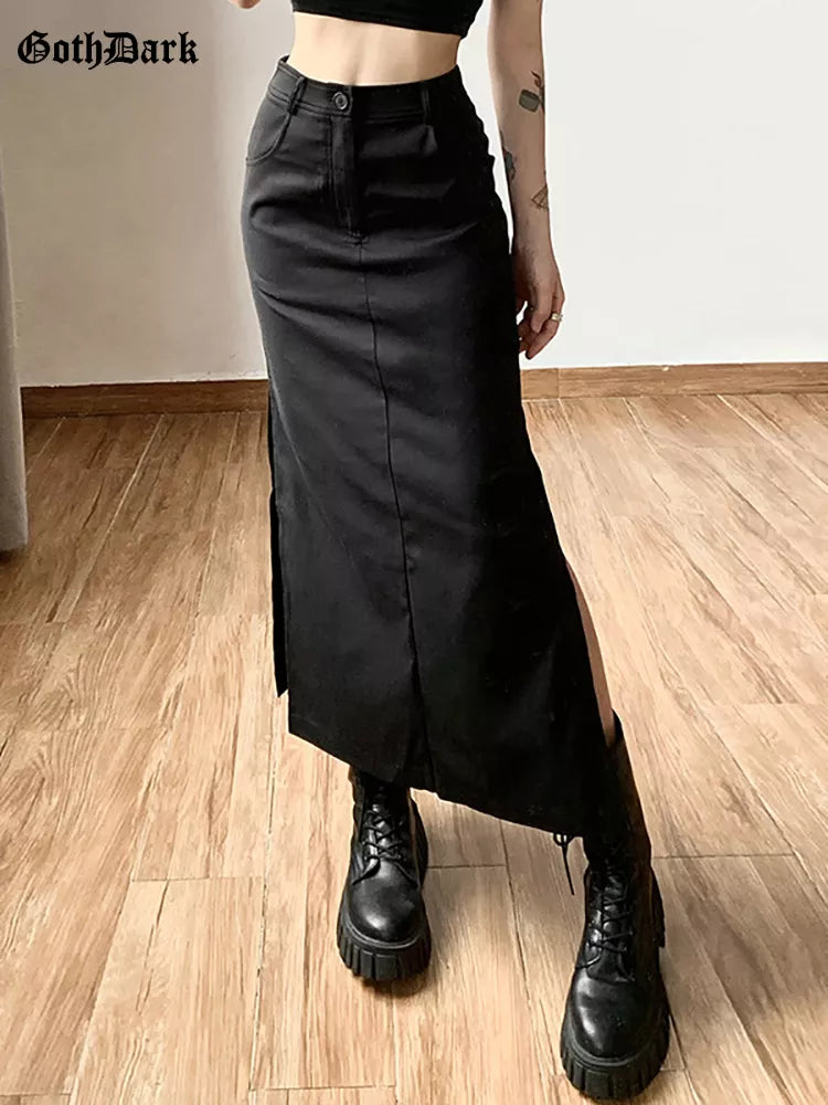 Falda larga gótica Grunge oscuro informal para mujer, faldas por debajo de la rodilla con abertura, estilo gótico, Punk, de tiro alto, Y2k, ropa de calle Sexy a la moda, 2023