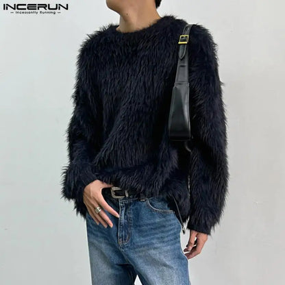 2023 Men Pullovers Solid Color Plush O-neck Long Sleeve Streetwear Casual Men Clothing Autumn Stylish Sweaters S-5XL INCERUN