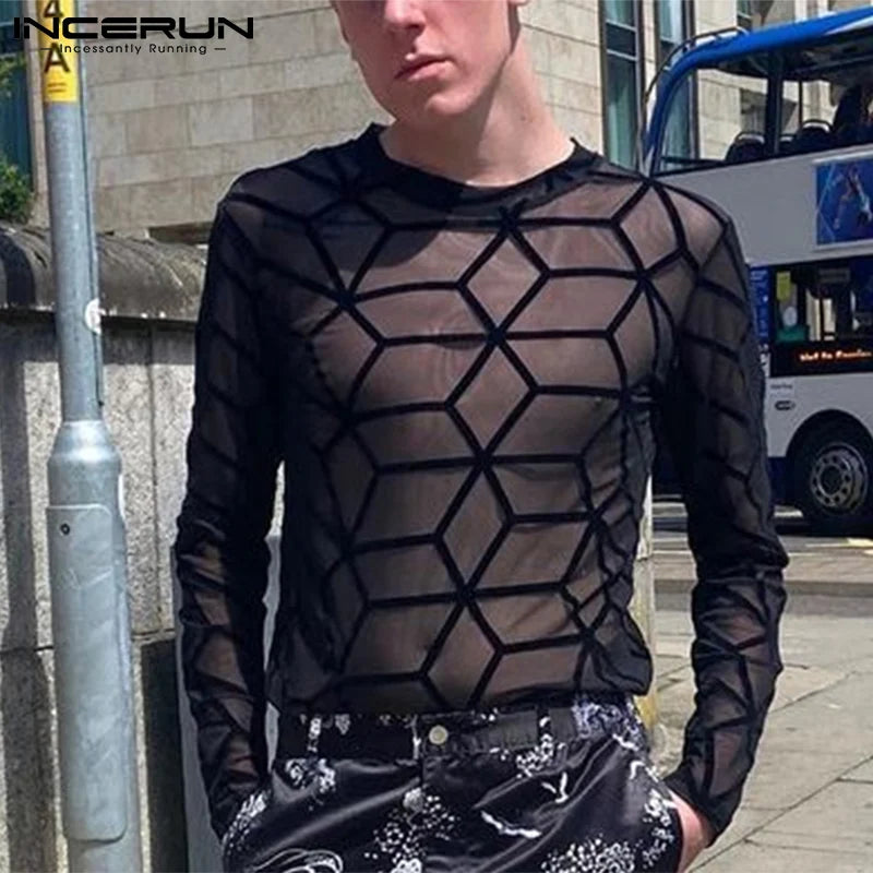 INCERUN-Camiseta estampada de manga larga con cuello redondo para hombre, ropa de calle transparente, camisetas sexys para fiesta y discoteca, ropa para hombre 2023