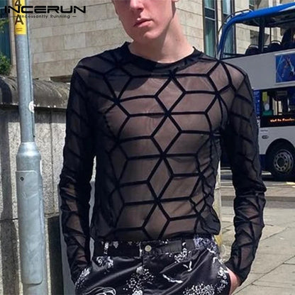 INCERUN-Camiseta estampada de manga larga con cuello redondo para hombre, ropa de calle transparente, camisetas sexys para fiesta y discoteca, ropa para hombre 2023