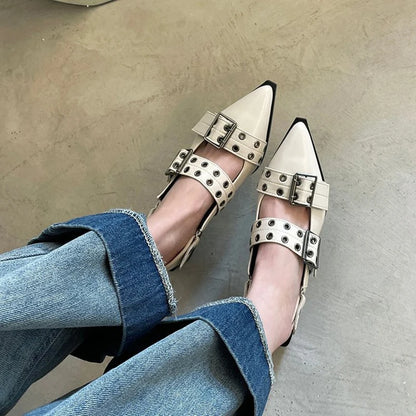 Escarpins Punk à bout pointu et talon épais pour femmes, sandales à boucle peu profonde, design à la mode rétro, chaussures de soirée Slingback, automne