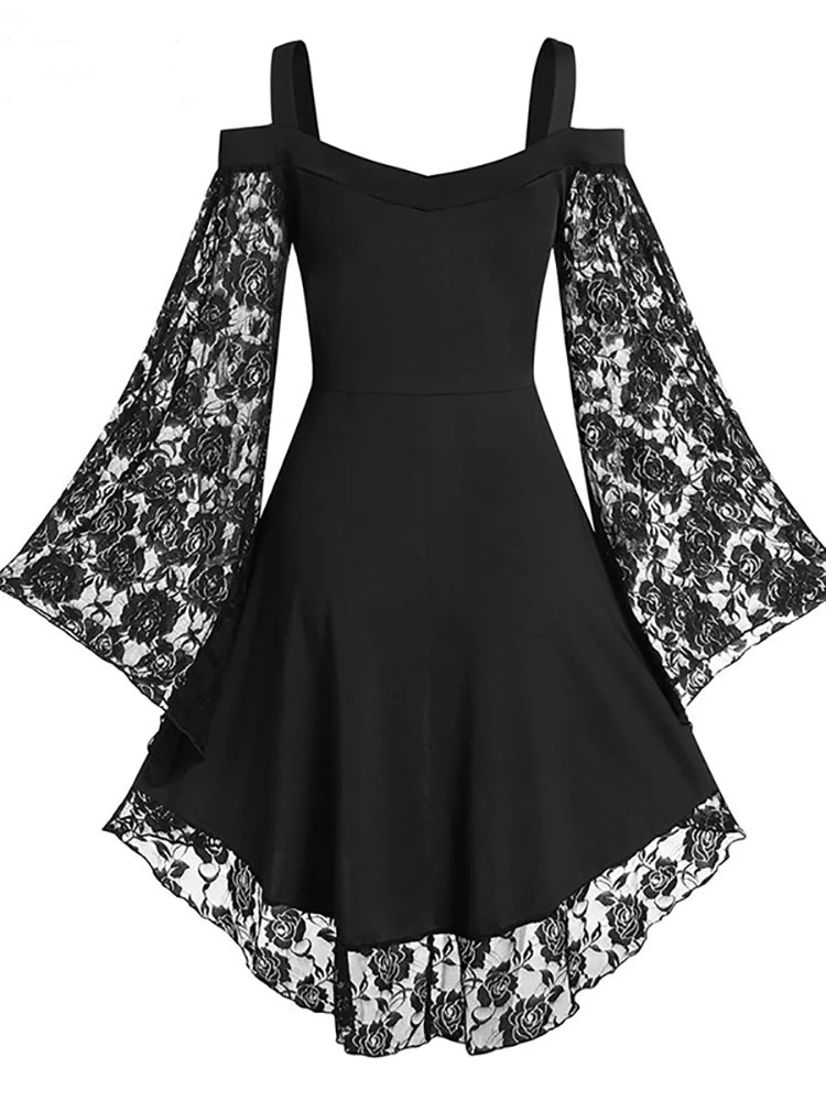 Goth foncé gothique esthétique Vintage femmes automne robes Grunge dentelle Patchwork manches évasées noir a-ligne robe Punk Partywear