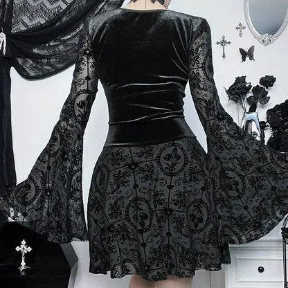 Goth Dark – robe gothique en velours pour femmes, tenue de soirée élégante, Vintage, Style Punk Grunge, à bandes floquées, manches évasées, tenue de soirée Alt