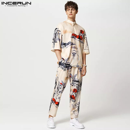 2023 Men Sets Printing Streetwear Loose Stand Collar Half Sleeve Shirt & Elastic Waist Pants 2PCS Men Casual Suits S-5XL INCERUN