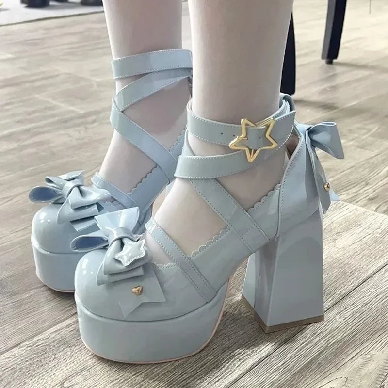 Zapatos de tacón alto Mary Jane para mujer, sandalias gruesas, zapatos de plataforma con lazo Retro a la moda de verano, 2024