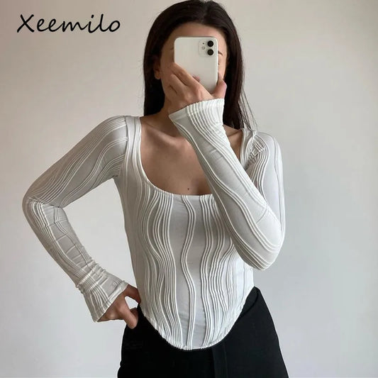 Xeemilo-camisetas de manga larga con textura blanca para mujer, Top estético con cuello cuadrado, Top corto básico ajustado, Tops informales de calle Harajuku 2022