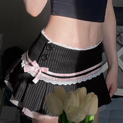 Goth Dark Harajuku Y2k Kwaii Lace Trim Mini Skirts Gothic Cutecore Bow Striped Pleated Skirt Low Waist Color Match Party Bottoms