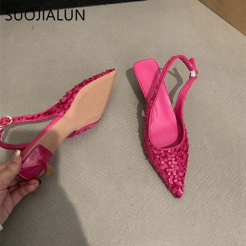 SUOJIALUN 2023 nueva sandalia ostentosa para mujer, moda, puntiagudos, poco profundos, sin cordones, zapatos elegantes para mujer, zapatos de tacón medio