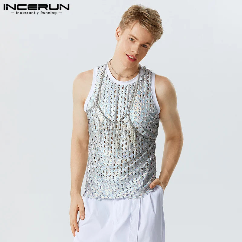 2023 Men Tank Tops Sparkling O-neck Sleeveless Streetwear Hollow Out Vests Summer Sexy Fashion Party Men Clothing S-5XL INCERUN