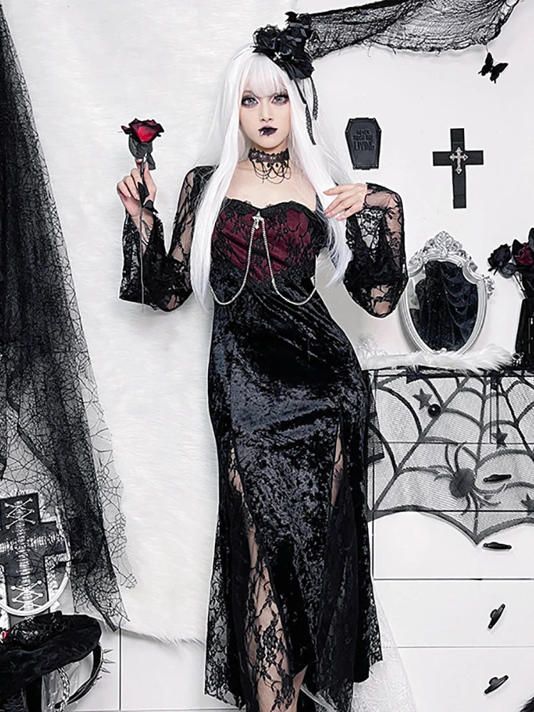 Goth Dark élégant centre commercial gothique femmes robes de soirée Grunge esthétique e-girl velours robe mi-longue dentelle épissure Sexy fendu Alt tenues