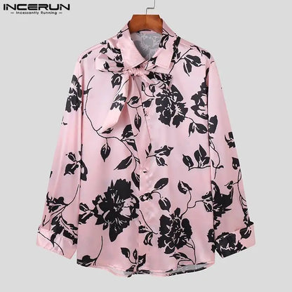 INCERUN-Camiseta con estampado de solapa de satén para hombre, ropa de calle de manga larga con cordones, ropa informal de moda de otoño, S-5XL, 2023