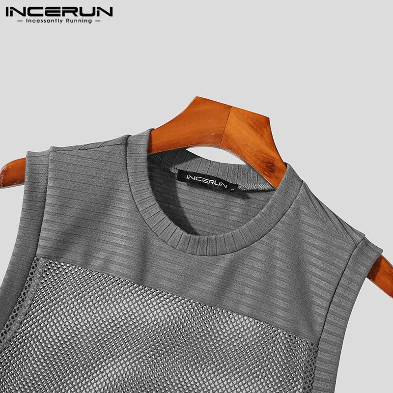 2023 Men Tank Tops Mesh Patchwork Transparent Breathable O-neck Sleeveless Sexy Men Clothing Summer Fashion Vests S-5XL INCERUN