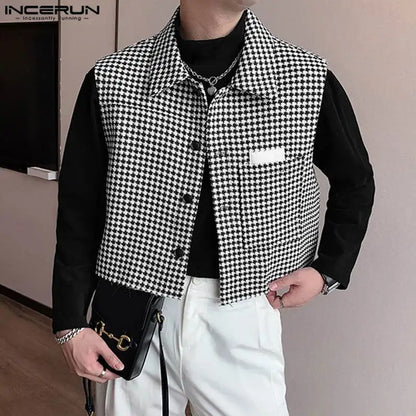 2023 hommes gilets à carreaux revers sans manches bouton Streetwear décontracté hommes gilets Style coréen mode culture gilets S-5XL INCERUN