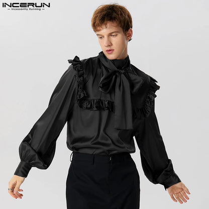 INCERUN-Camiseta de satén liso con cuello alto para hombre, ropa de calle de manga larga con cordones, ropa informal con volantes, camisas Unisex 2023