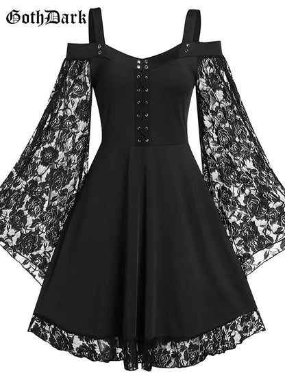 Goth foncé gothique esthétique Vintage femmes automne robes Grunge dentelle Patchwork manches évasées noir a-ligne robe Punk Partywear