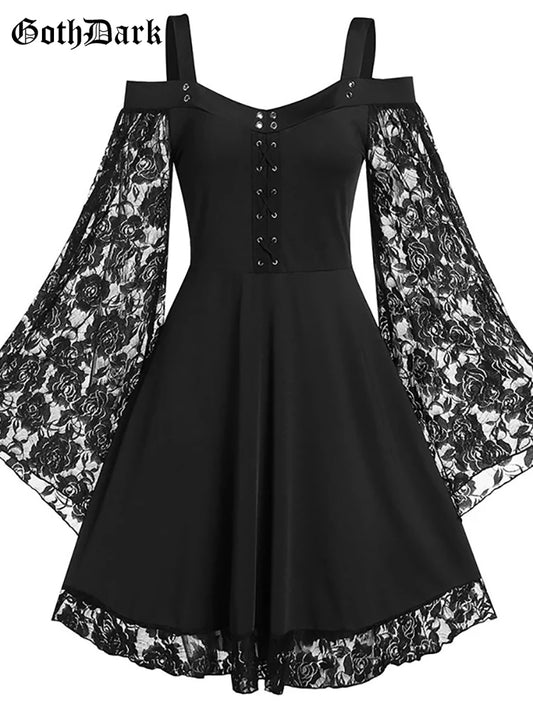 Vestido gótico oscuro gótico estético Vintage para mujer, vestidos de otoño Grunge de encaje de retales con manga acampanada, vestido negro acampanado, ropa de fiesta Punk