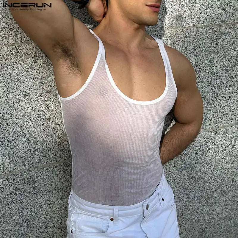 2023 Men Tank Tops Solid O-neck Sleeveless Breathable See Through Sexy Vests Streetwear Fashion Thin Men Clothing INCERUN S-5XL