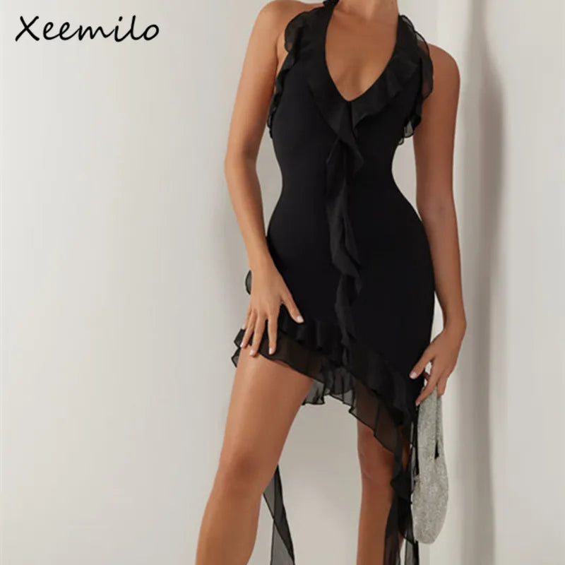 Xeemilo-Vestido de hadas de malla con volantes, Sexy, estético, escote en V profundo, vestidos por debajo de la rodilla irregulares de verano 2023, trajes de fiesta en la playa, Vestido de mujer