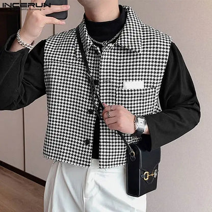 2023 hommes gilets à carreaux revers sans manches bouton Streetwear décontracté hommes gilets Style coréen mode culture gilets S-5XL INCERUN