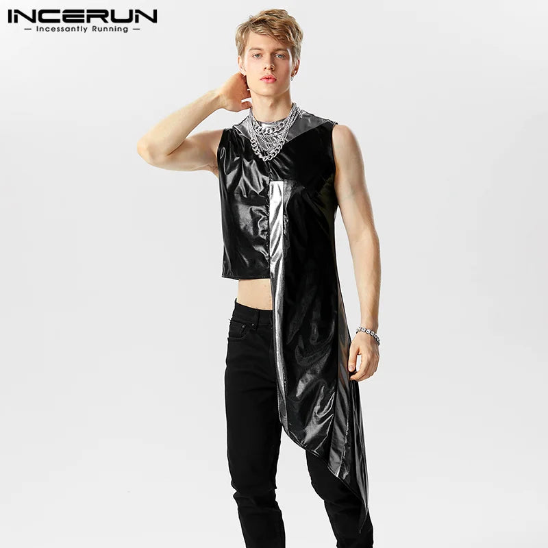 2023 Men Tank Tops Patchwork Sparkling O-neck Sleeveless Irregular Vests Party Streetwear Fashion Men Clothing INCERUN S-3XL