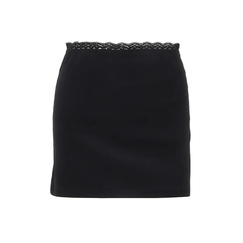 Xeemilo Encaje Vintage falda negra de retales falda elegante de cintura alta faldas ajustadas a la cadera 2023 mujeres Y2K fiesta Clubwear Mini vestido