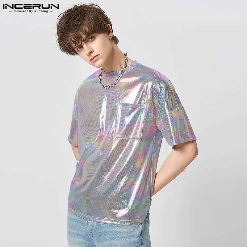 2023 Men T Shirt Shiny O-neck Short Sleeve Streetwear Loose Fashion Camisetas Summer Pockets Party Casual Tee Tops S-5XL INCERUN