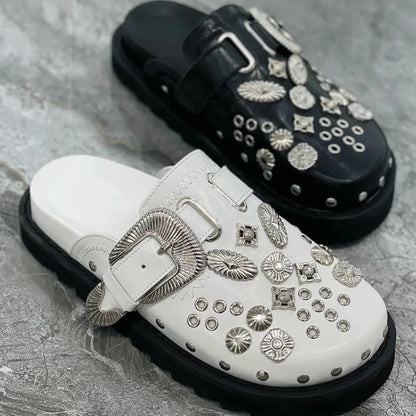 Zapatillas de verano para mujer, zapatos de plataforma con remaches Punk Rock de cuero, accesorios creativos de Metal, zapatos informales de fiesta, toboganes para mujer al aire libre