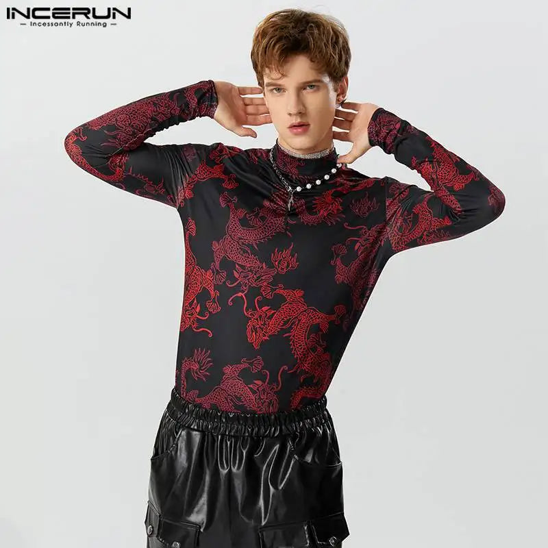 2023 Men T Shirts Vintage Printing Turtleneck Long Sleeve Casual Camisetas Fitness Autumn Streetwear Undershirt S-5XL INCERUN